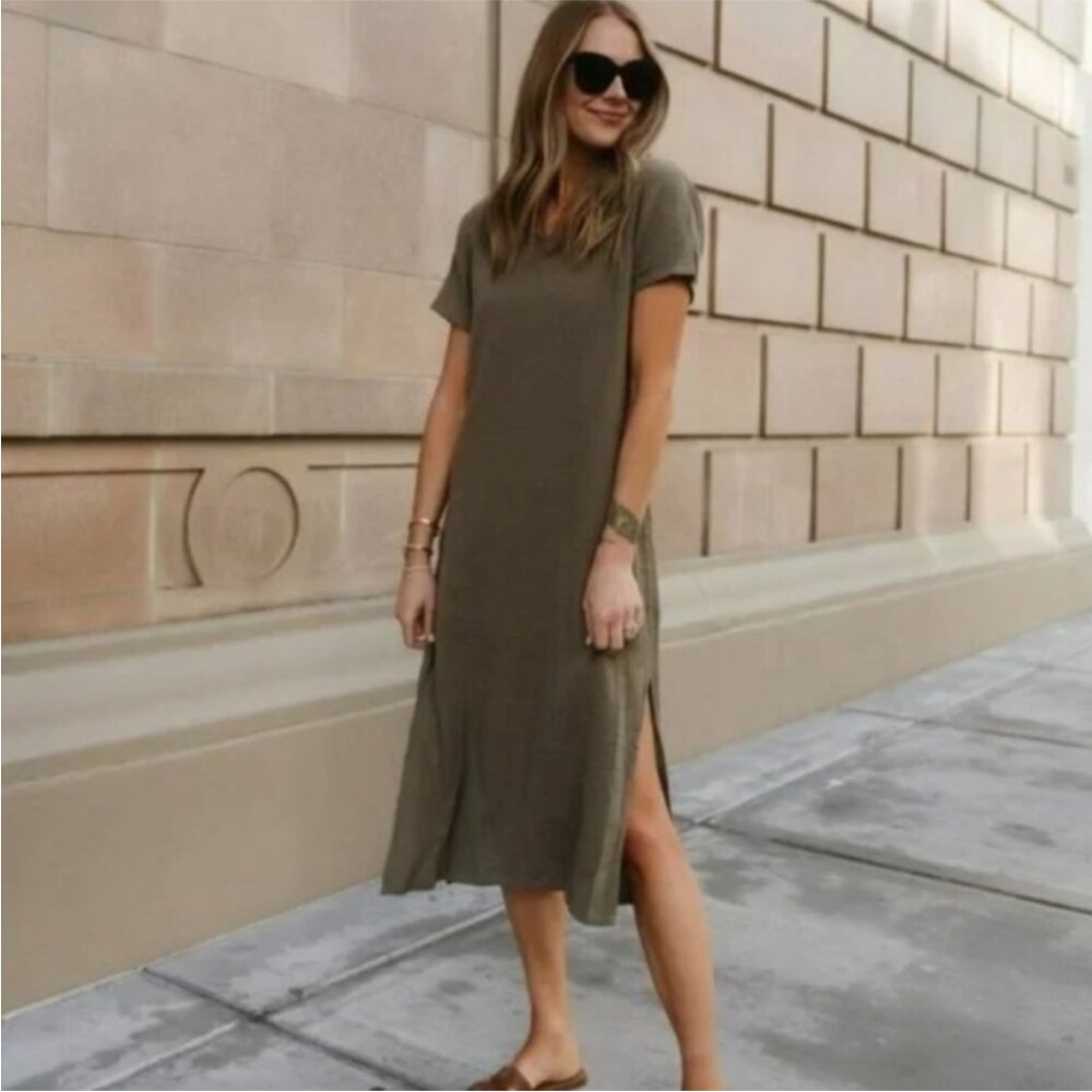 Jenni Kayne Cypress V Neck Caftan Gauze Midi Dress Olive Green Size XS